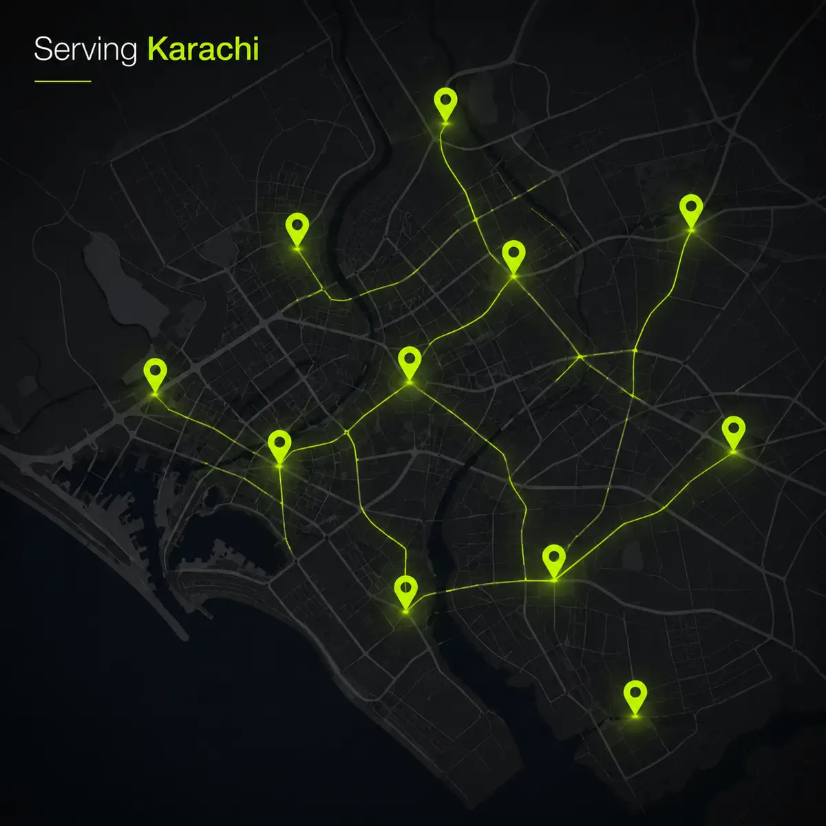 Dark mode map showing local Karachi business rankings and Google Maps pins