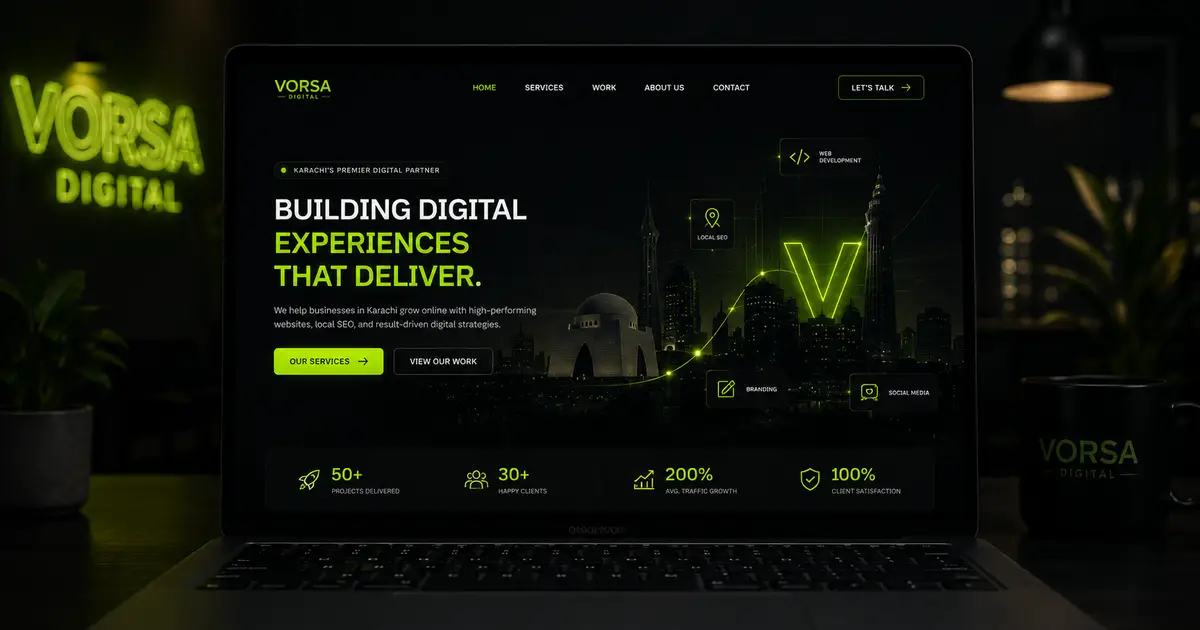Modern web design agency Karachi homepage mockup with digital growth graphic