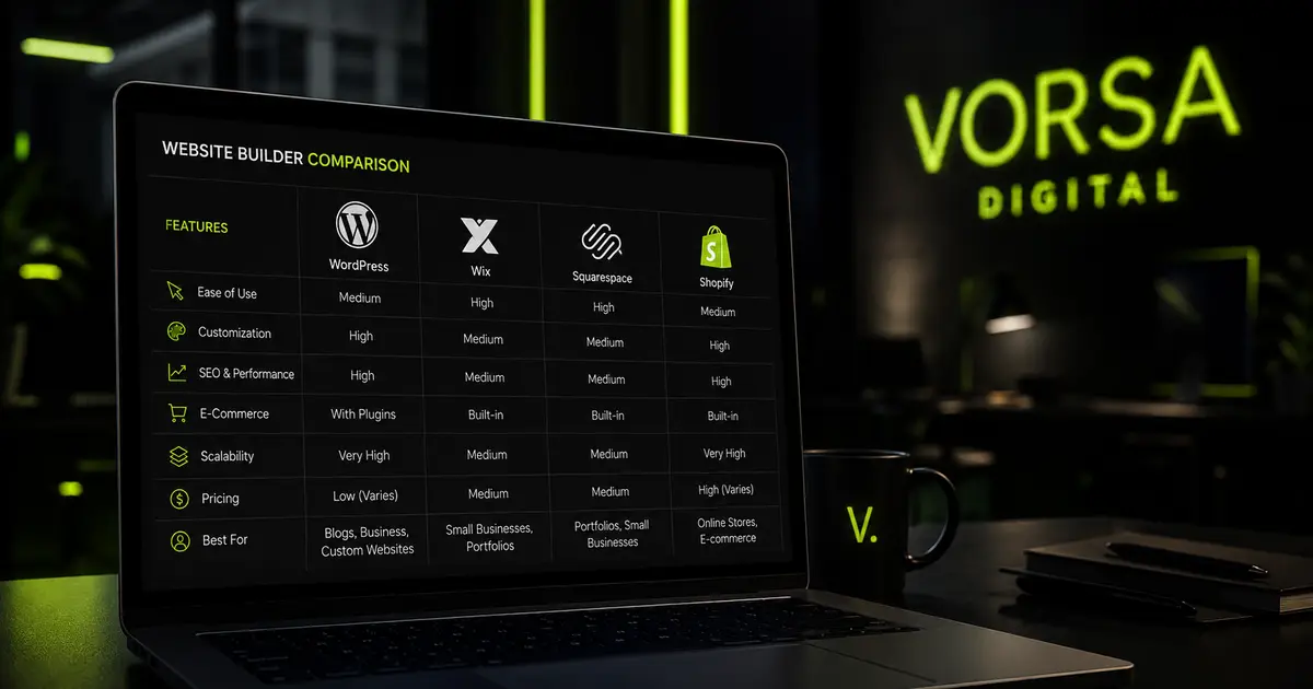 Comparison table of website builder logos on a laptop screen in a dark Karachi office